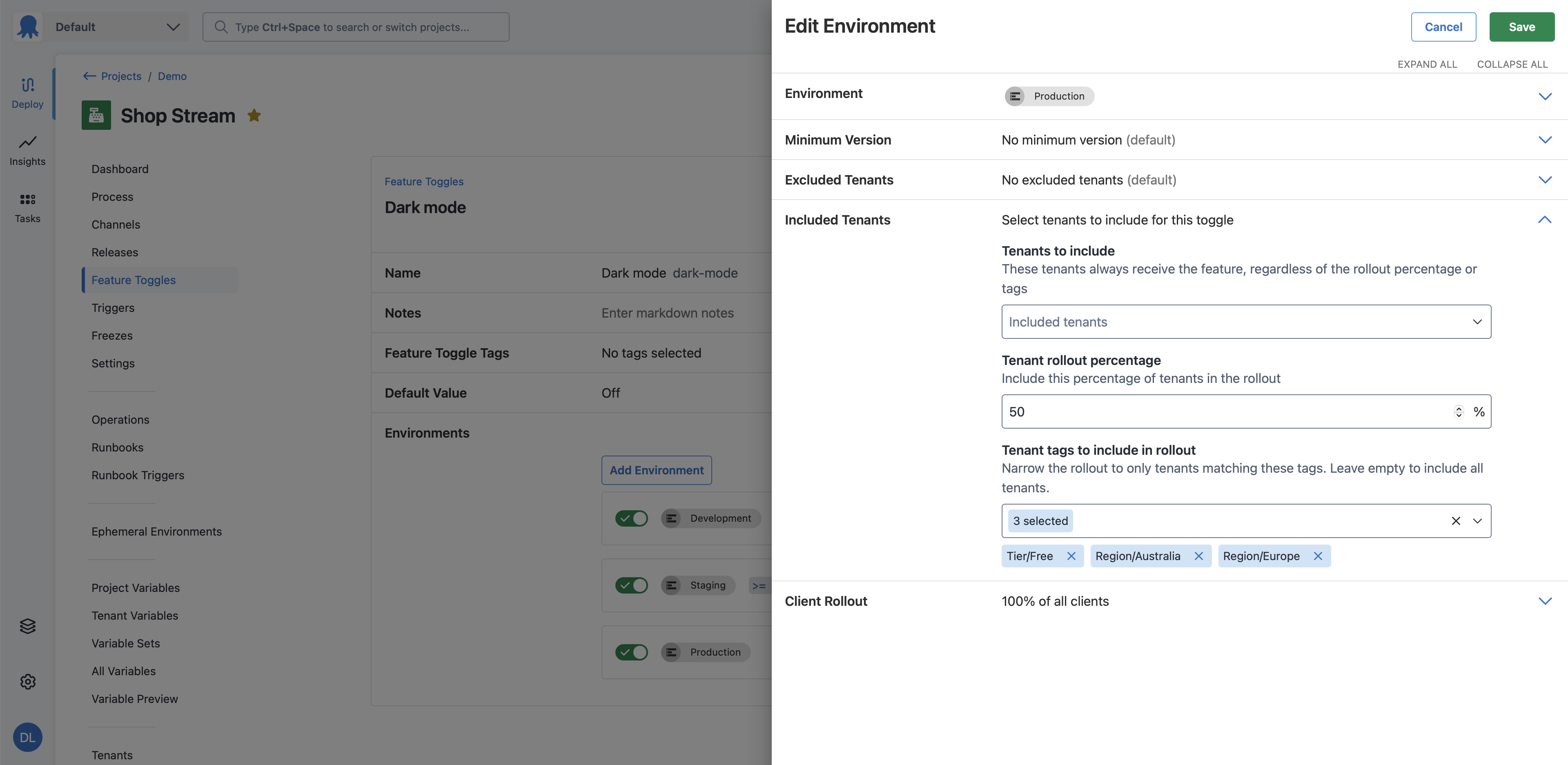 Screenshot of feature toggle environment drawer, included tenants section expanded, tenants to include is empty, tenant rollout percentage is set to 50% and tenant tags to include in rollout multi-select has Tier/Free, Region/Australia, and Region/Europe selected